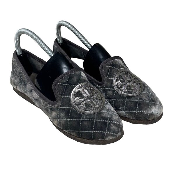 TORY BURCH Billy Quilted Velvet Logo Shearling Lined Loafers Flats Sz 8‎ - Picture 1 of 12